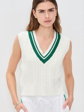 NWOT Beyond Yoga White Cable-Knit V-Neck Sweater Vest with Green Trim